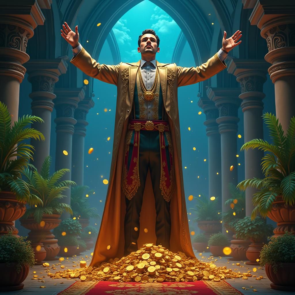 Ambitious Entrepreneur Surrounded by Wealth and Success