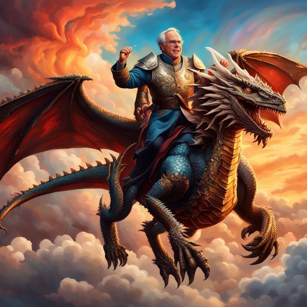 Politician Rides Dragon into Battle: Hyperrealistic Art