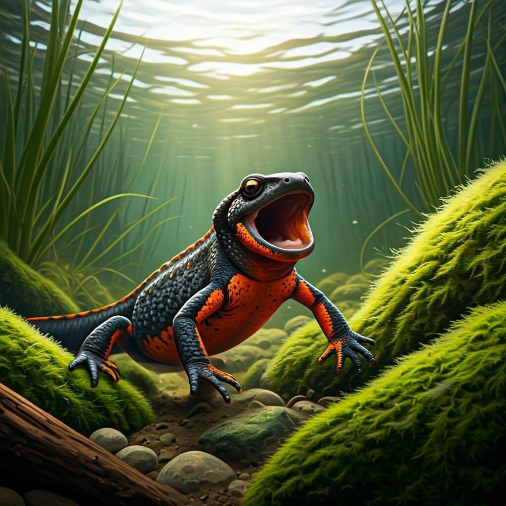 Fire-Bellied Newt in Algae-Covered Swamp