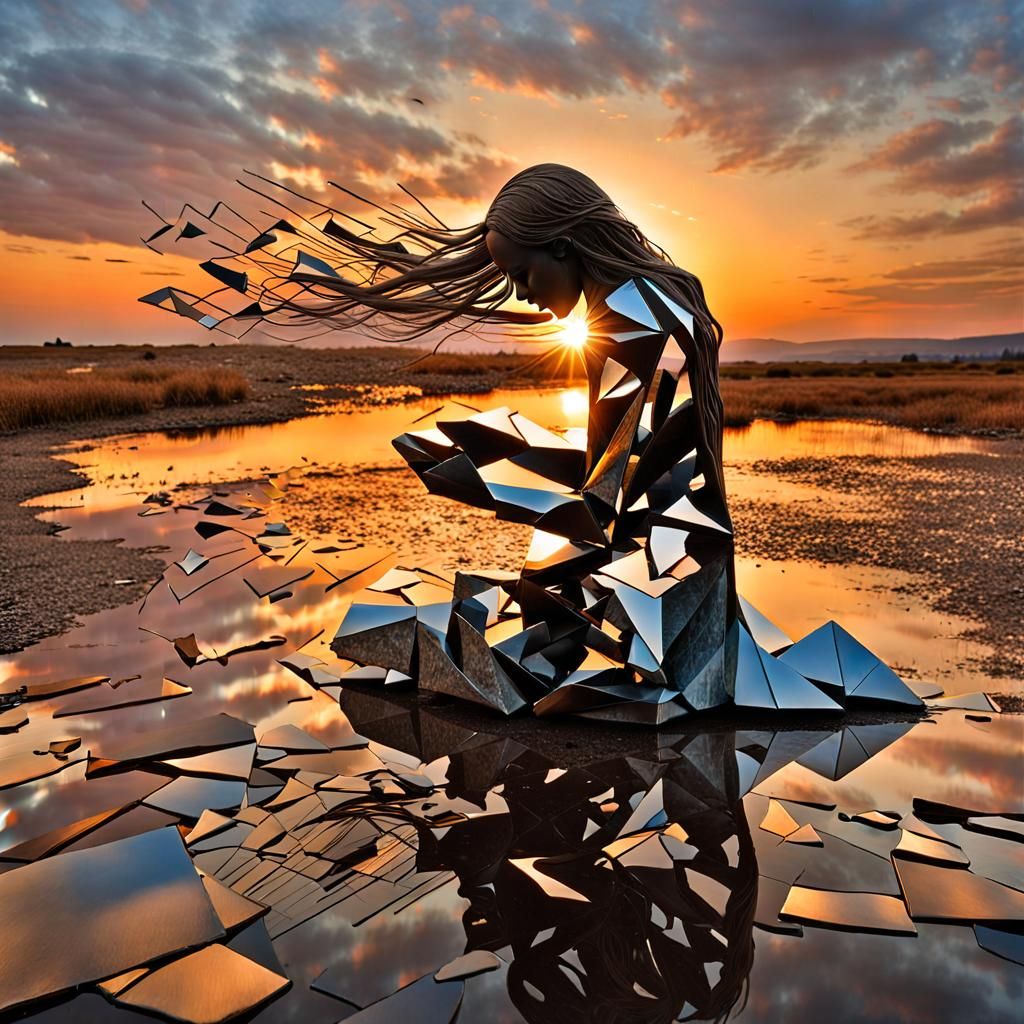 Surreal Fragmented Sculpture of Woman by Sunset