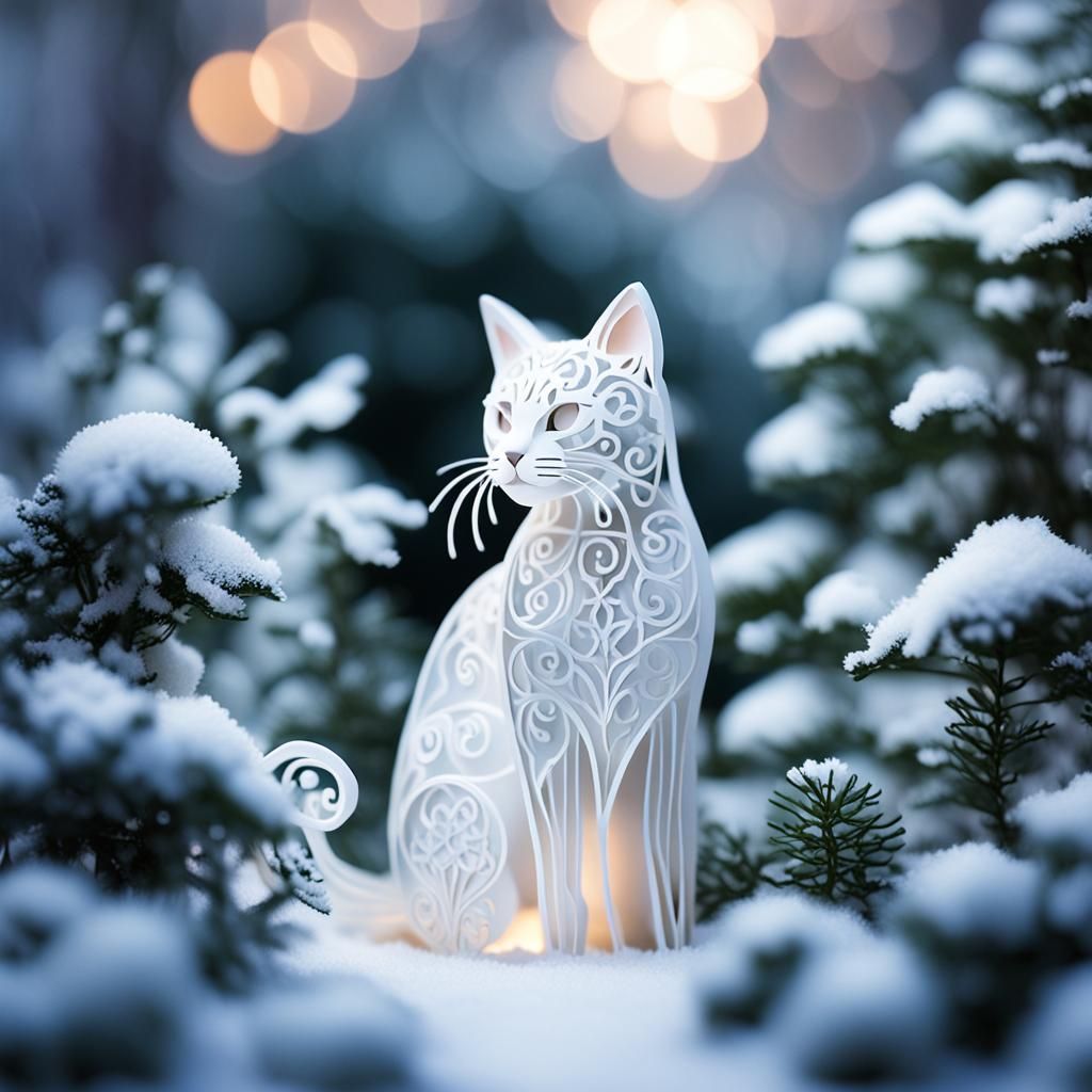 A papercut of a white cat in a snowy garden