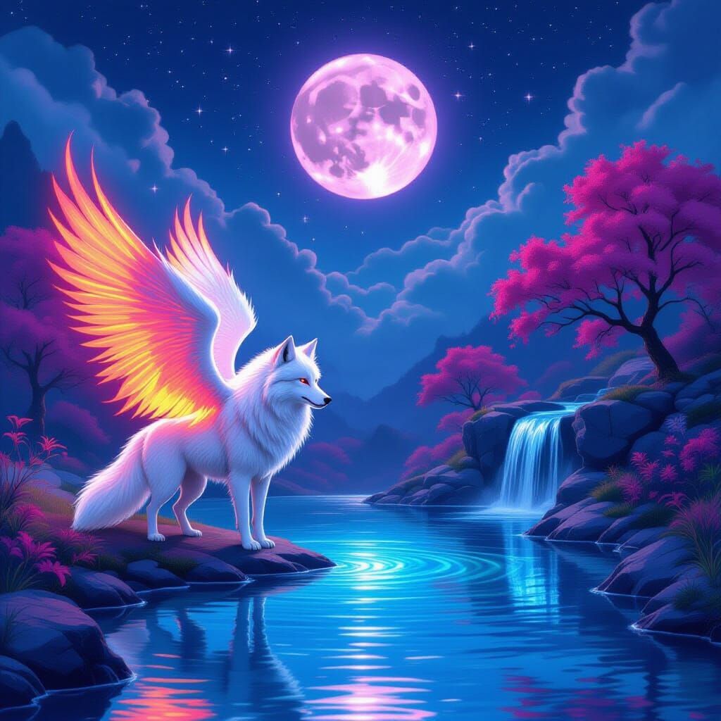 Surreal Wolf with Fire Wings by Moonlit Pond