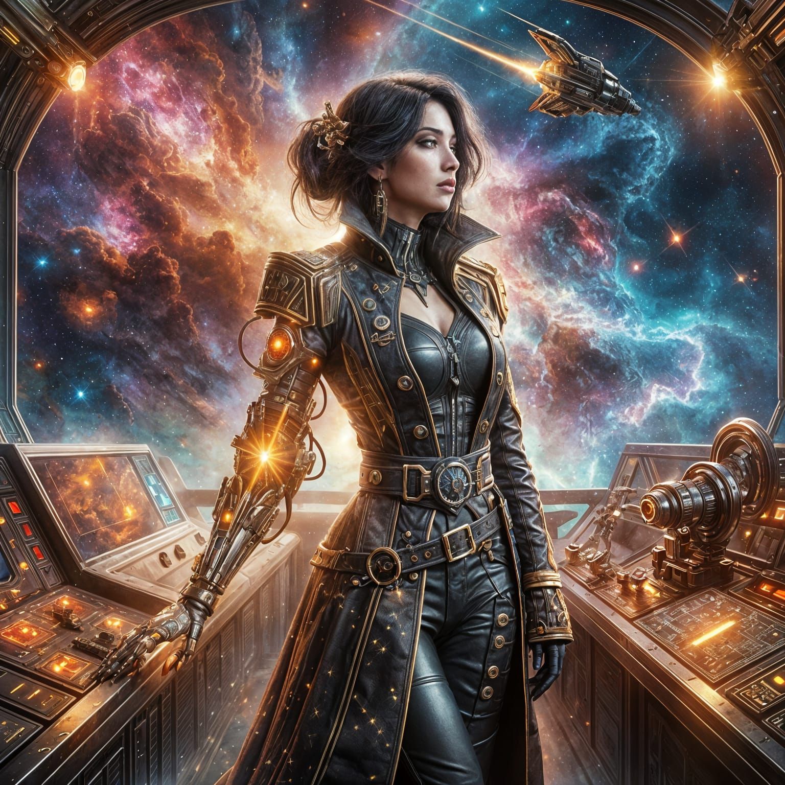 Space Pirate Queen with Cybernetic Arm Amidst Nebula Explosi...