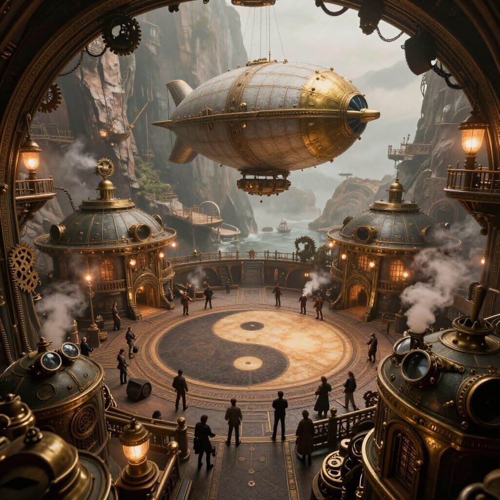 Steampunk Zeppelin Approaches Cliff Dock, Hyperrealistic Con...