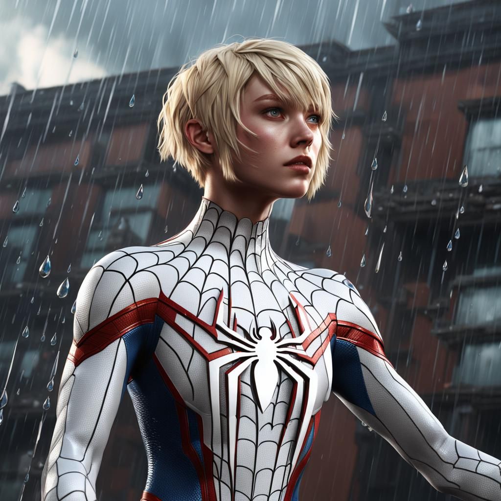 Blonde Girl in Spider-Man Suit on Rainy Rooftop