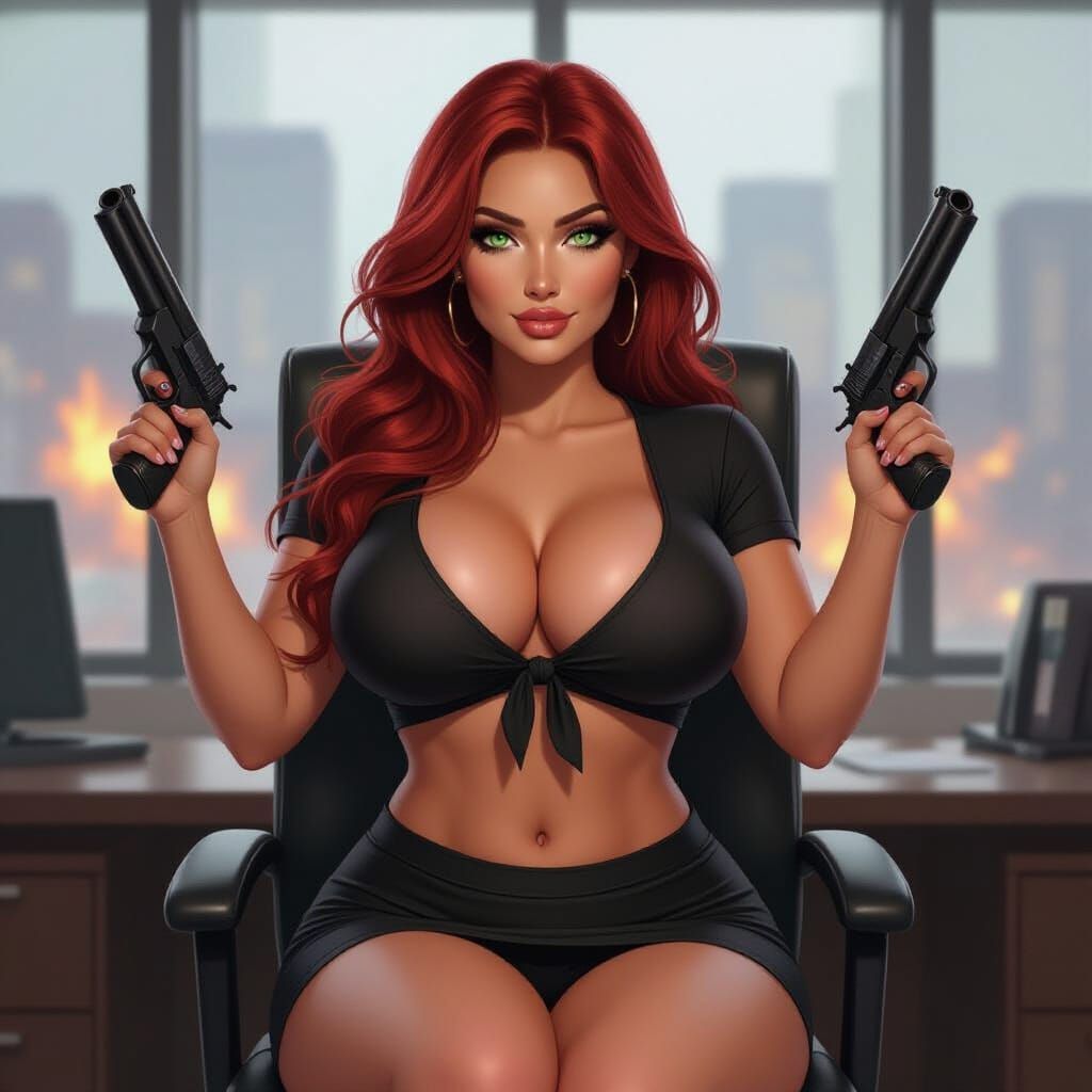 Woman with Red Hair Holds Twin Revolvers in Battle-Ready Sta...