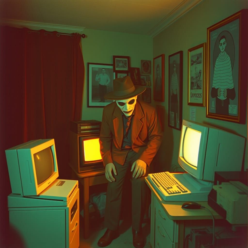 Creepy 1990s Analog Horror Scene with Hat Man