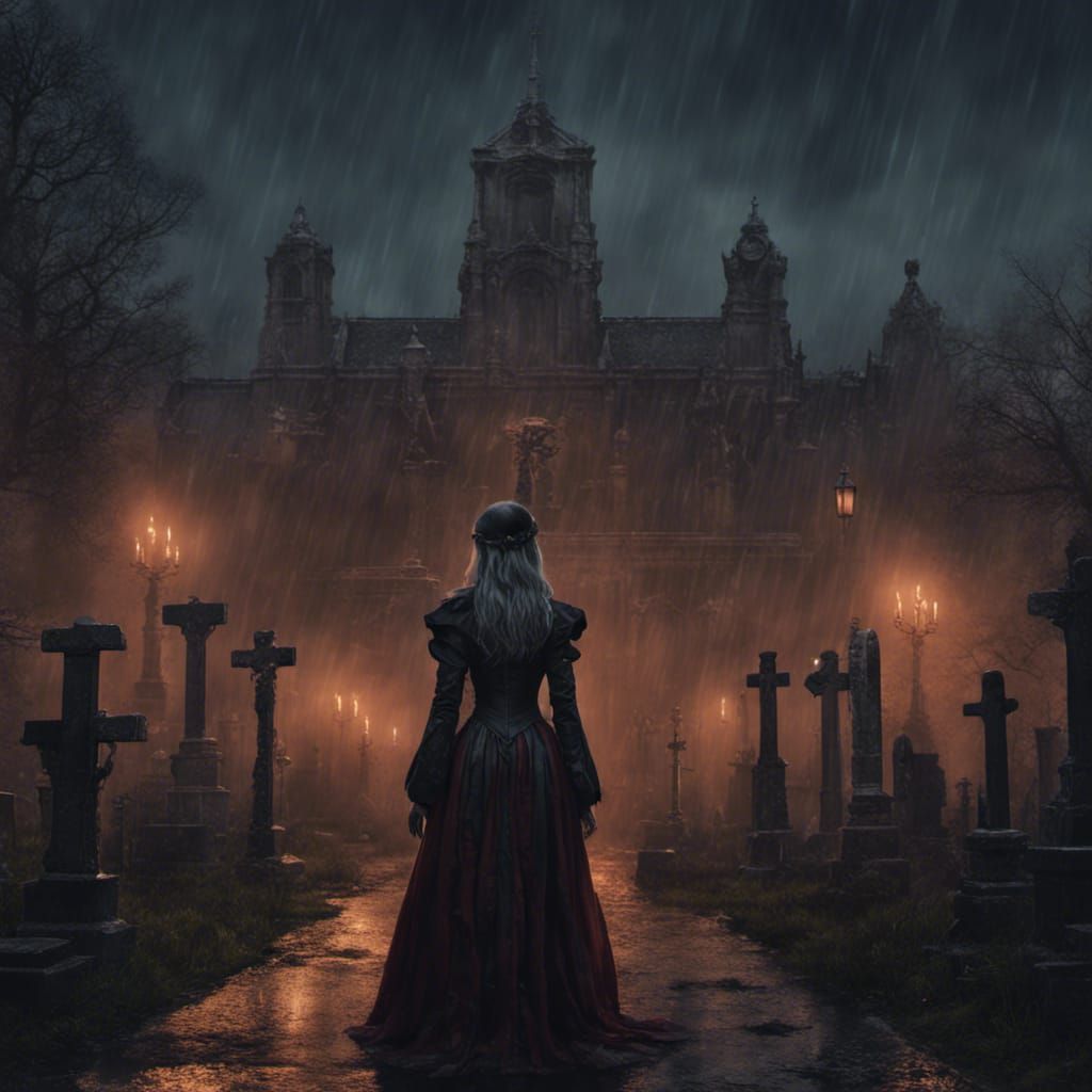 Vampire Girl Cemetery Scene in Detailed Matte Painting