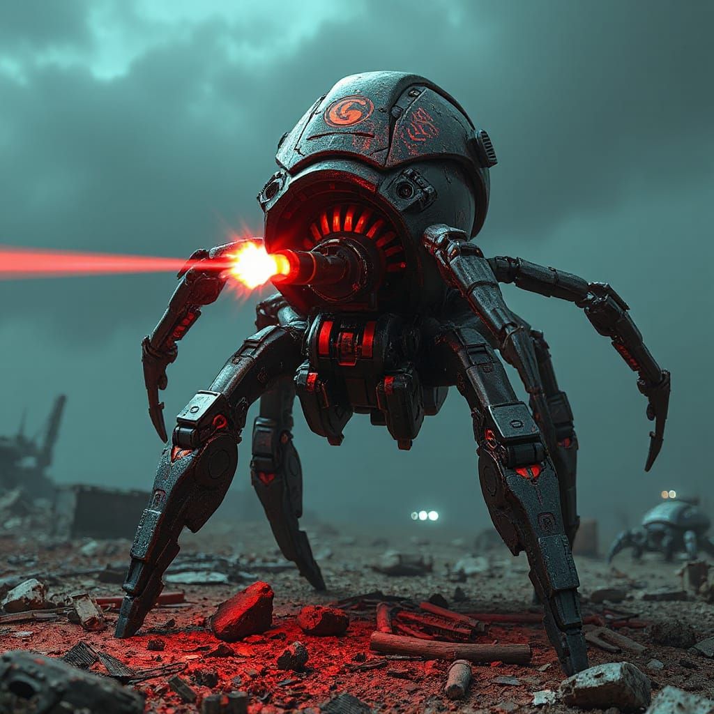 Cyborg Spider on War-Torn Battlefield in Neon Light