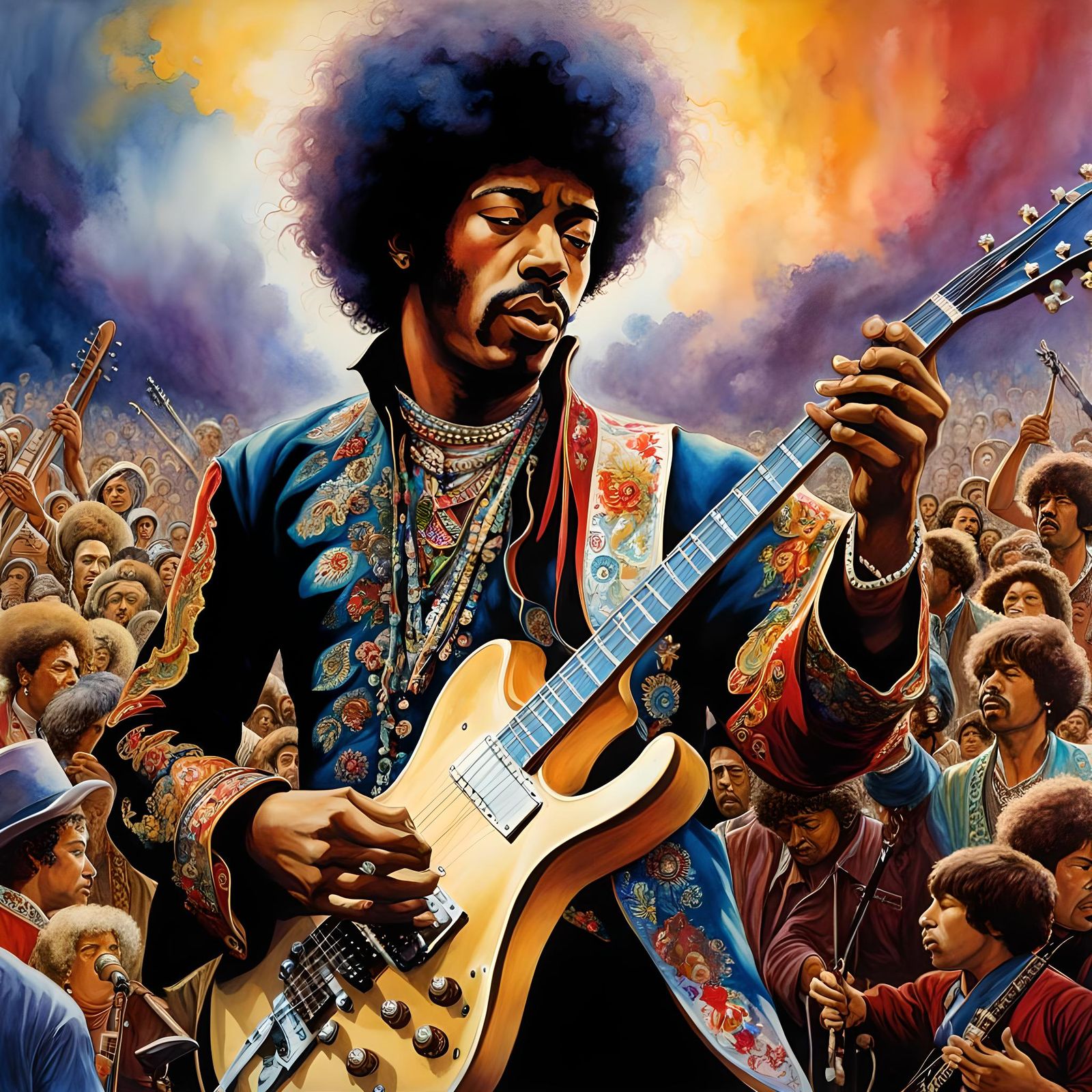 Jimi Hendrix at Woodstock in Watercolor Style