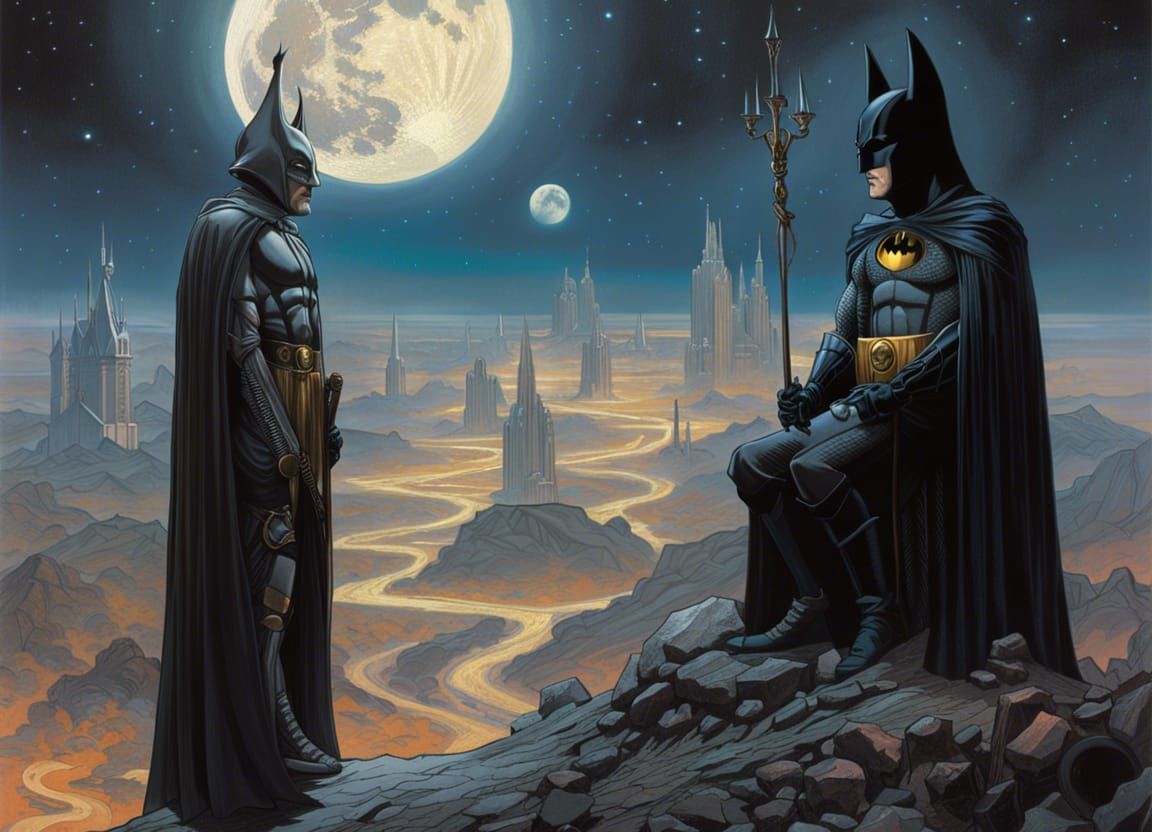 Gandalf and Batman on a Moonscape