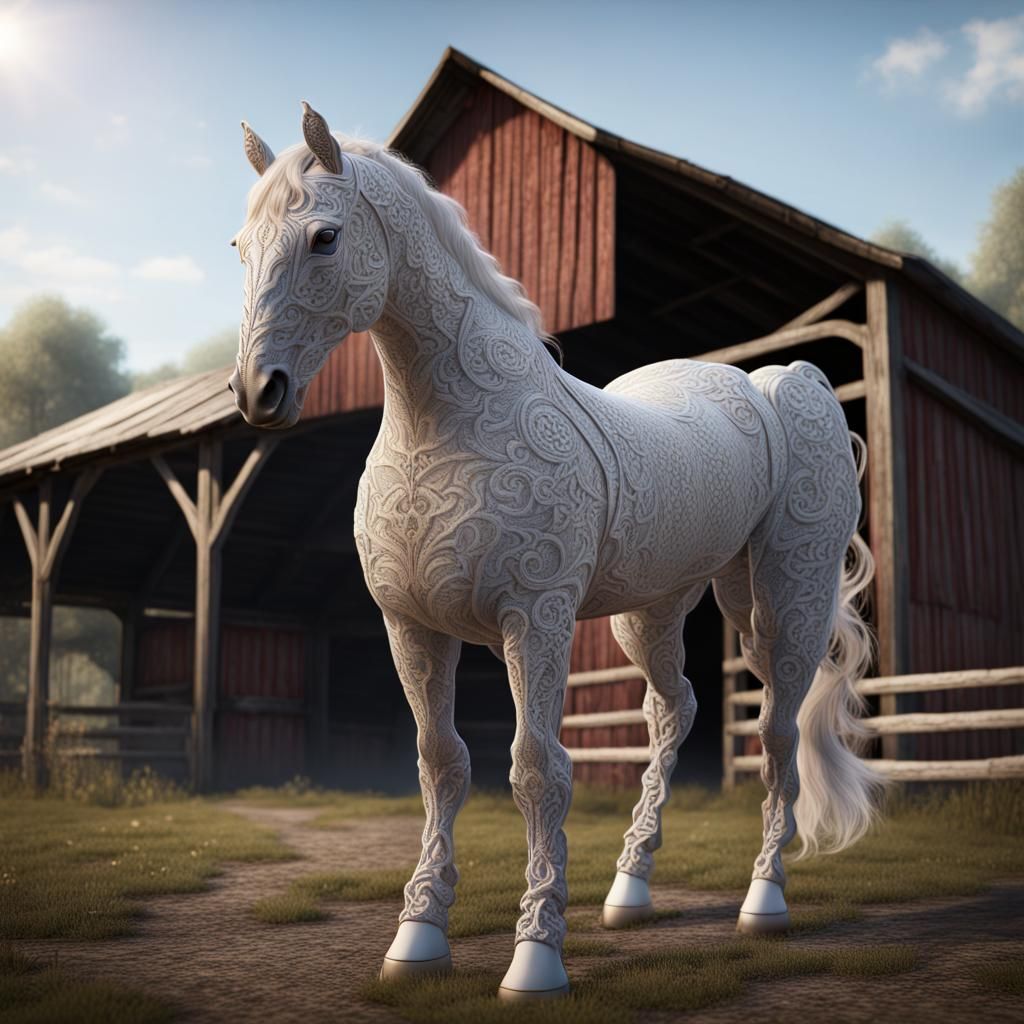 Lace Horse and Barn: Detailed Fantasy Art