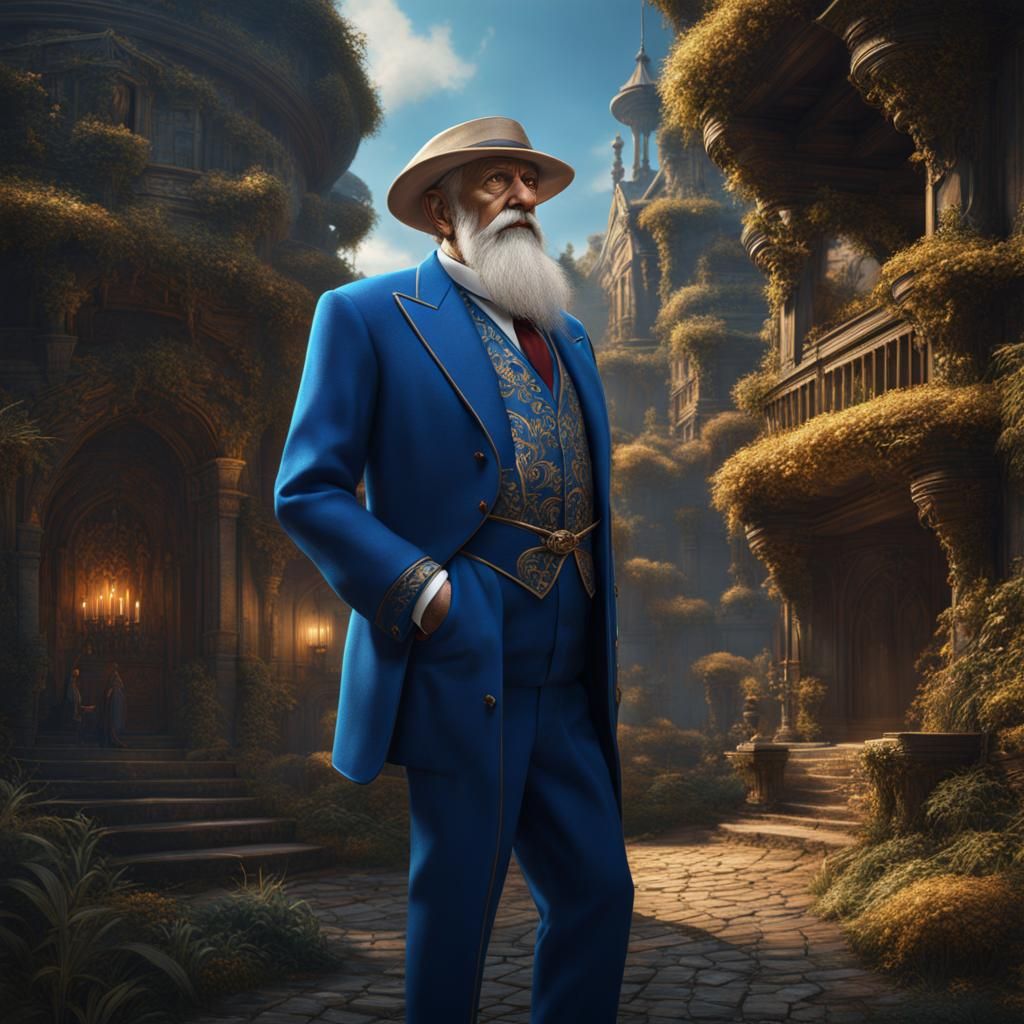 Old Man in Blue Suit: Detailed Matte Painting
