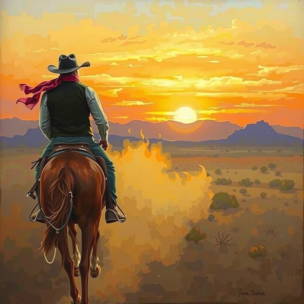 Rugged Cowboy Rides into Sunset Landscape
