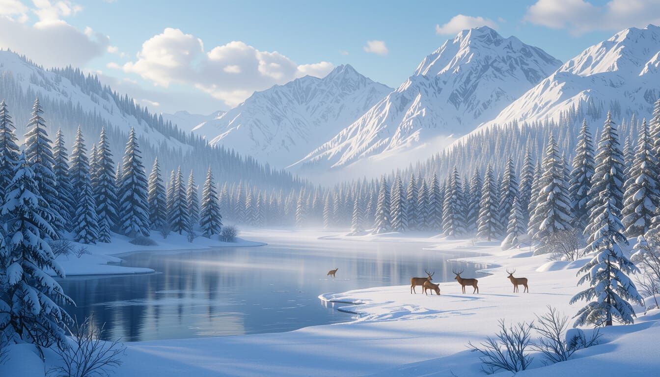 Magical Winter Mountain Landscape with Deer and Frozen Lake