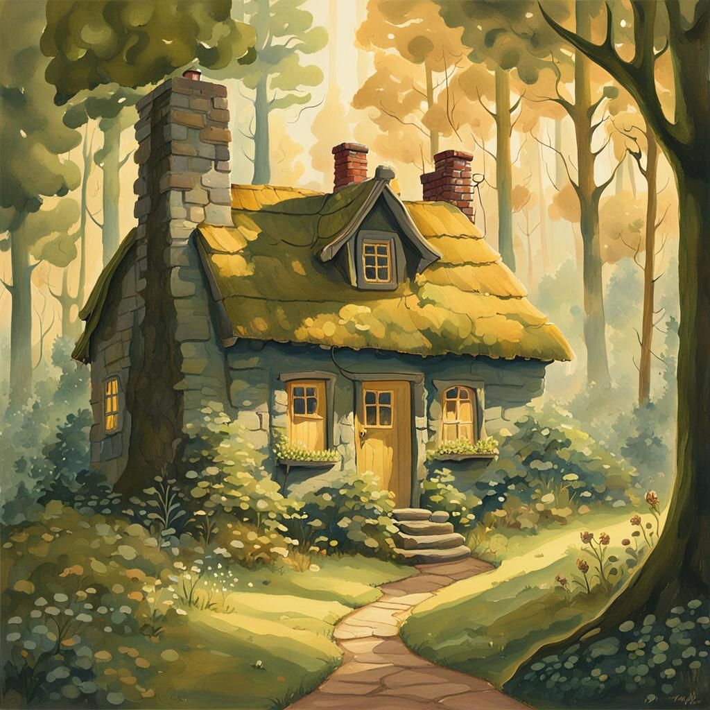 Cozy Cottage in Forest: Gouache Painting Inspired by Potter