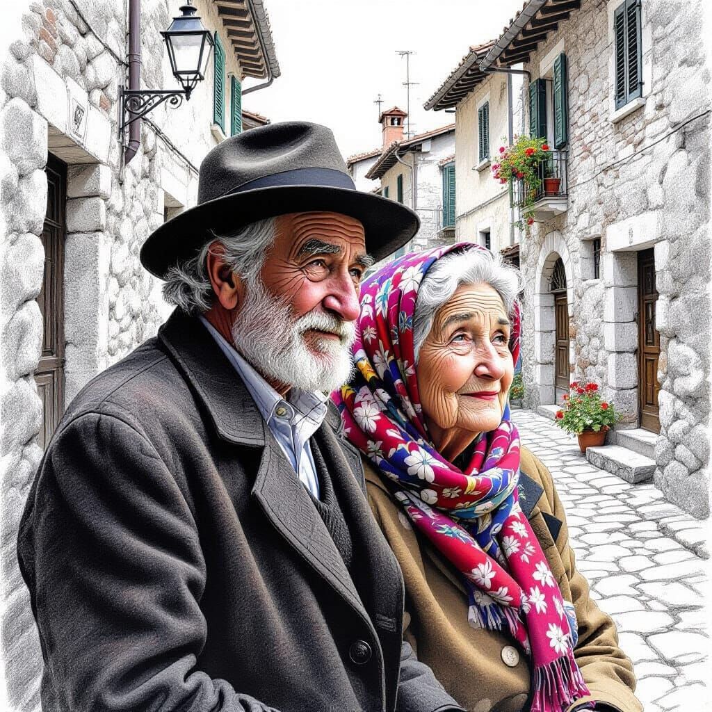 Detailed Pencil Sketch of an Italian Couple