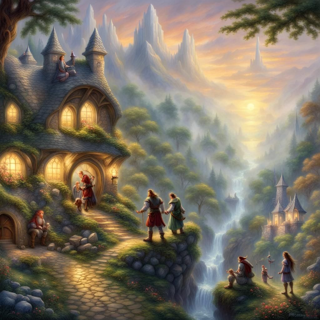 Fantasy Creatures Playing Together in Misty Landscape