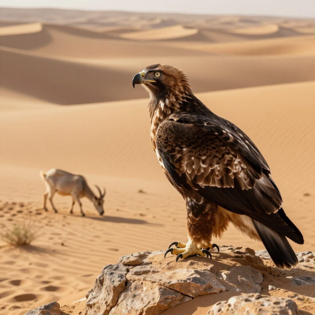 Buzzard Watches Goat in Sun-Drenched Desert Landscape