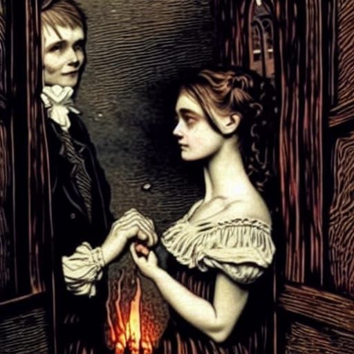 Victorian Children in Haunted House Woodcut Illustration