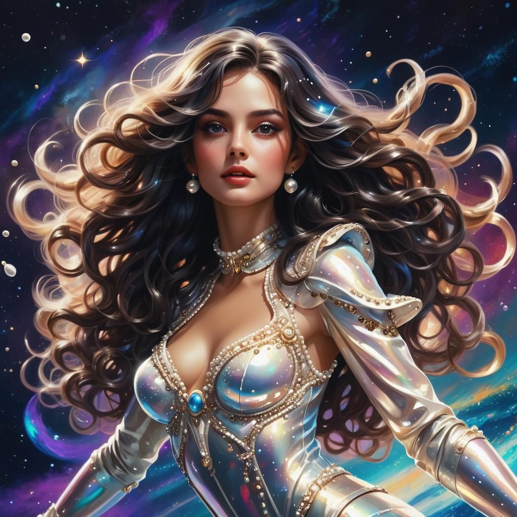 Woman in Pearl Outfit Among Starships, Hyperrealistic Art