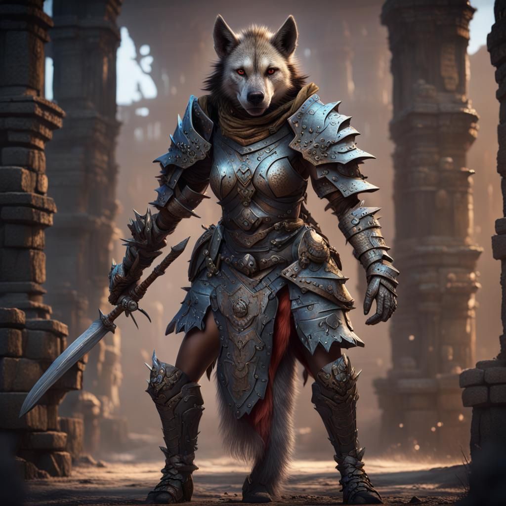 Female Gnoll Warrior in Steel Armor