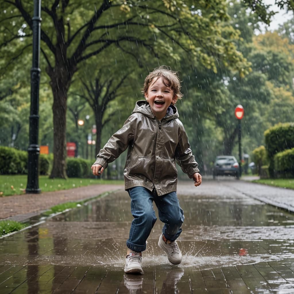 Delighted Child's Rainy Day: Hyperrealistic 3D Render