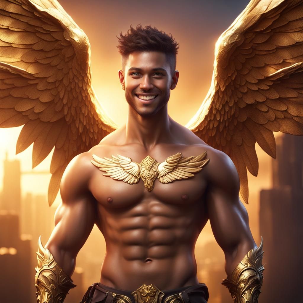 Golden-Winged Man with Radiant Smile, Fantasy Art