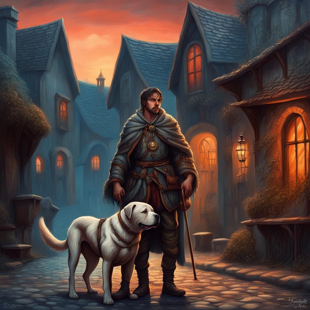 Medieval Traveler and Mastiff in Acrylic Art