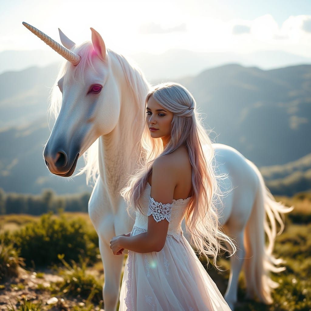 Serene Lady Amalthea Stands Beside a Majestic Unicorn in a S...