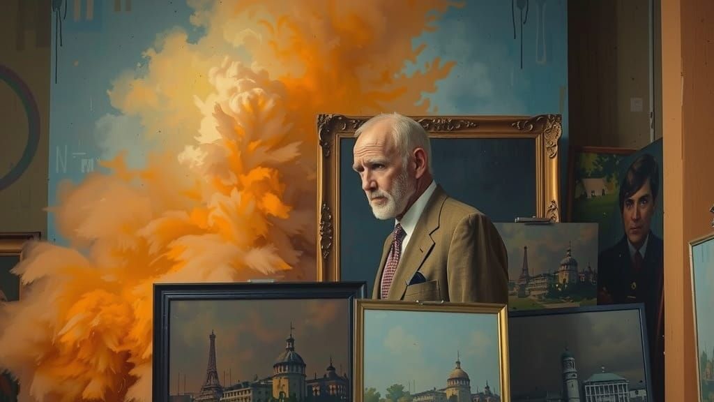Man in Suit Amidst Art and Stormy Sky