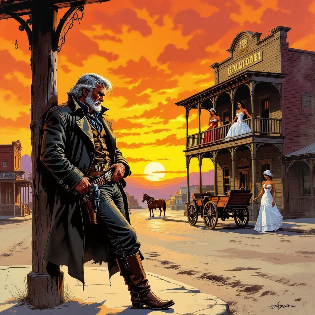 Grizzled Gunfighter in Western Boomtown Sunset