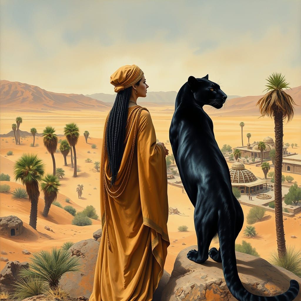 Surreal Desert Oasis with Regal Woman and Panther