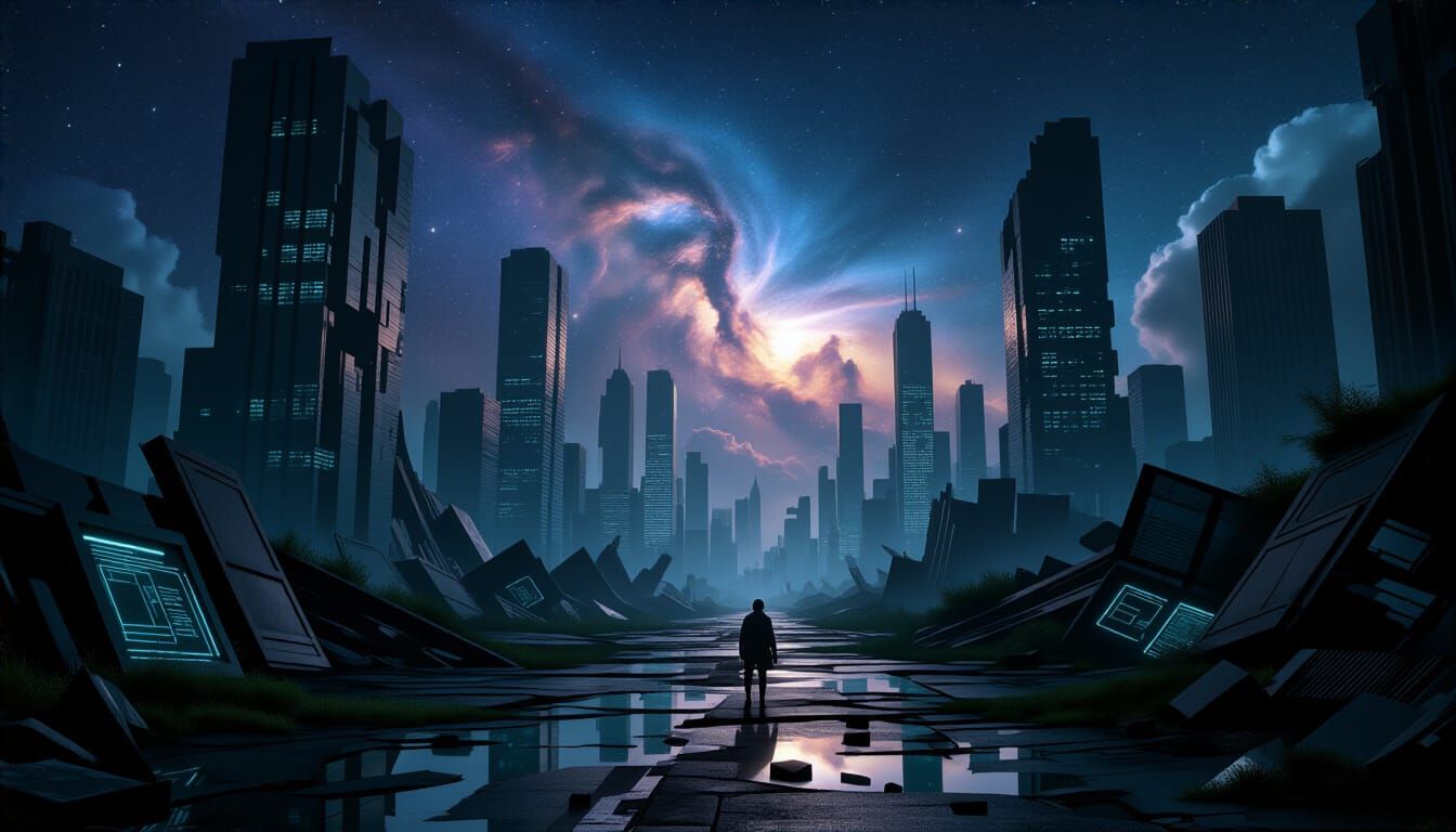 Futuristic Lost City with Alien Flora and Nebula