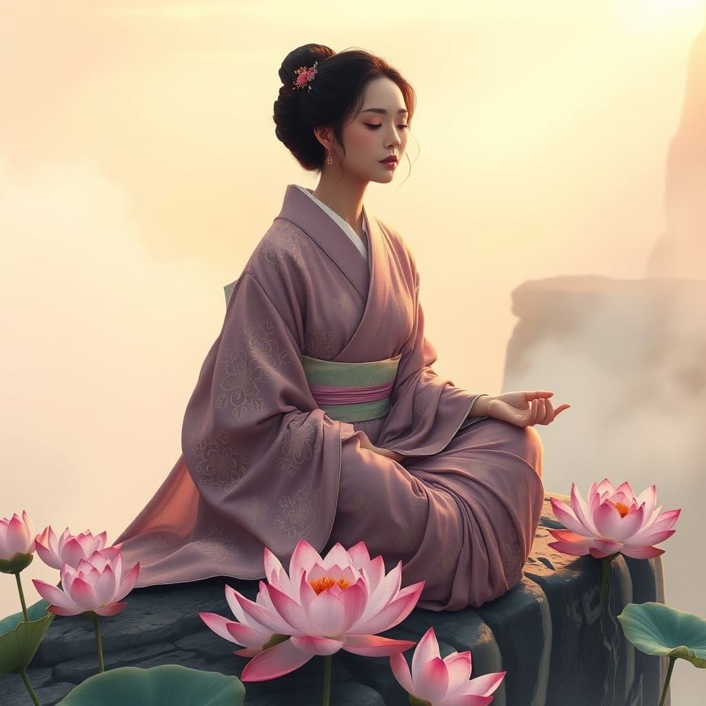Japanese Woman Meditating in Ukiyo-e Style