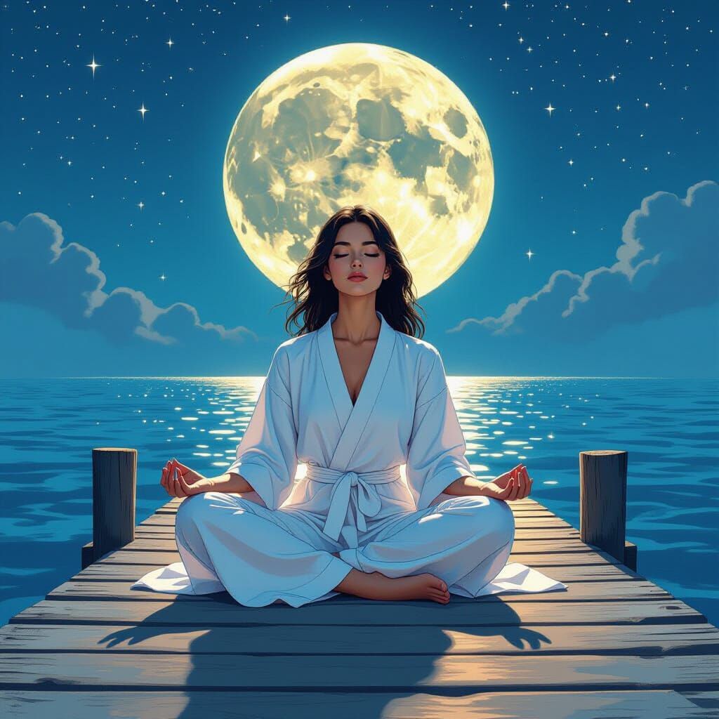 Meditating Woman on Pier in Hyperrealistic Comic Style