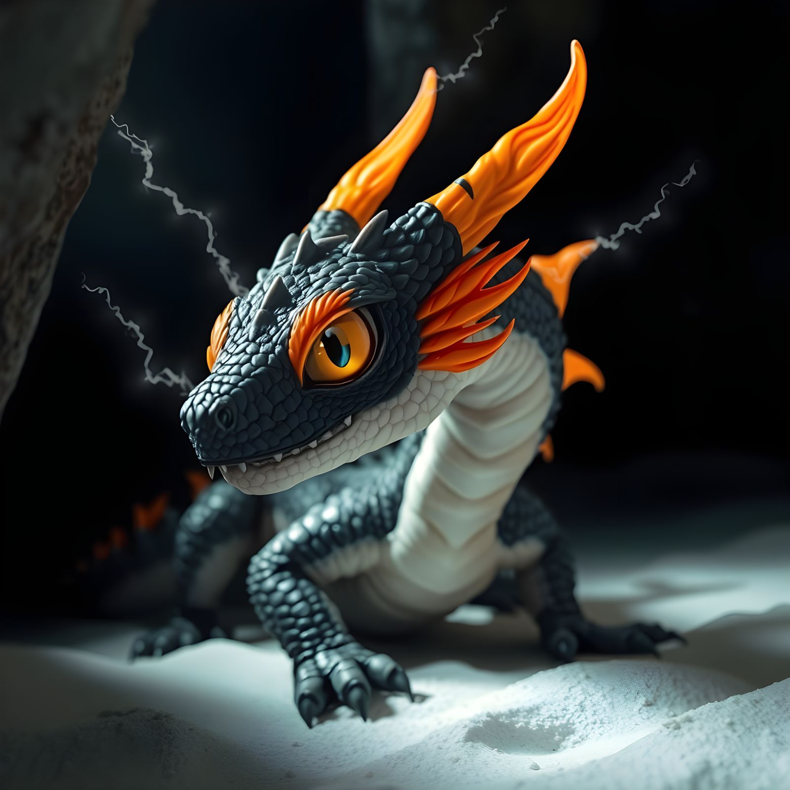 Mystical Black Dragon with White Scales in a Dark Cave