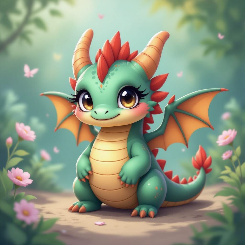 Kawaii Pastel Dragons with Big Eyes and Shiny Wings in Magic...