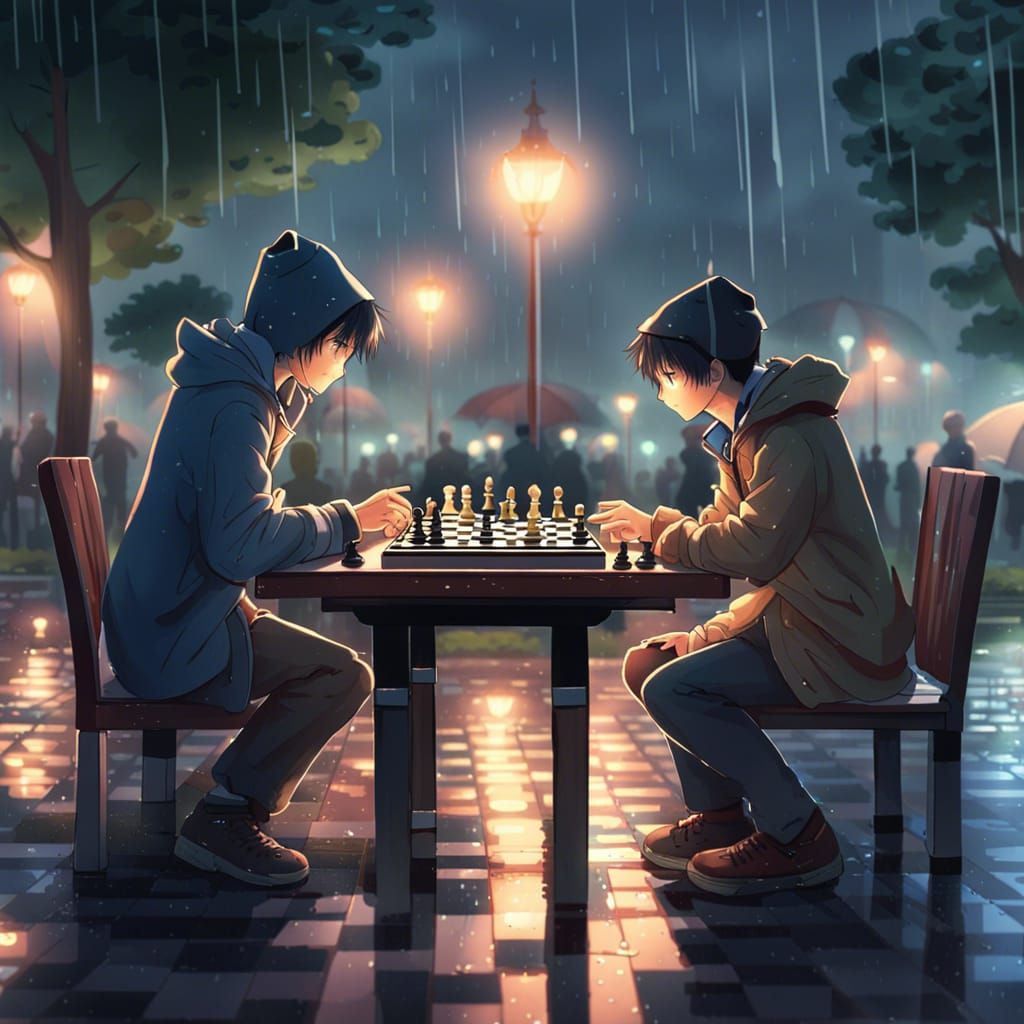 Chess Game in Rainy Park, Lofi Rendered