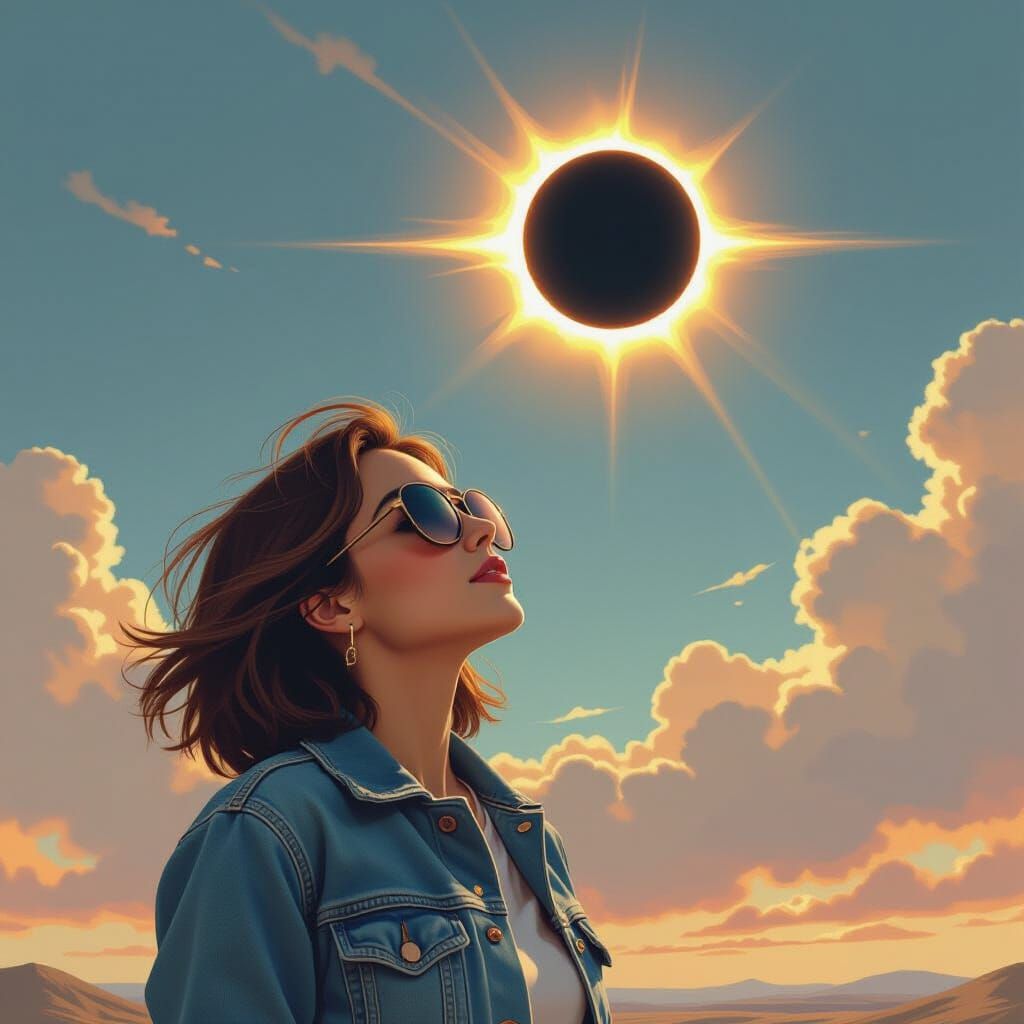 Person Watches Solar Eclipse in Retro Sci-Fi Style