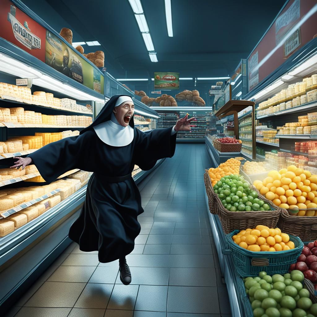 Cheese Monster Chasing Nun: Detailed Fantasy Art