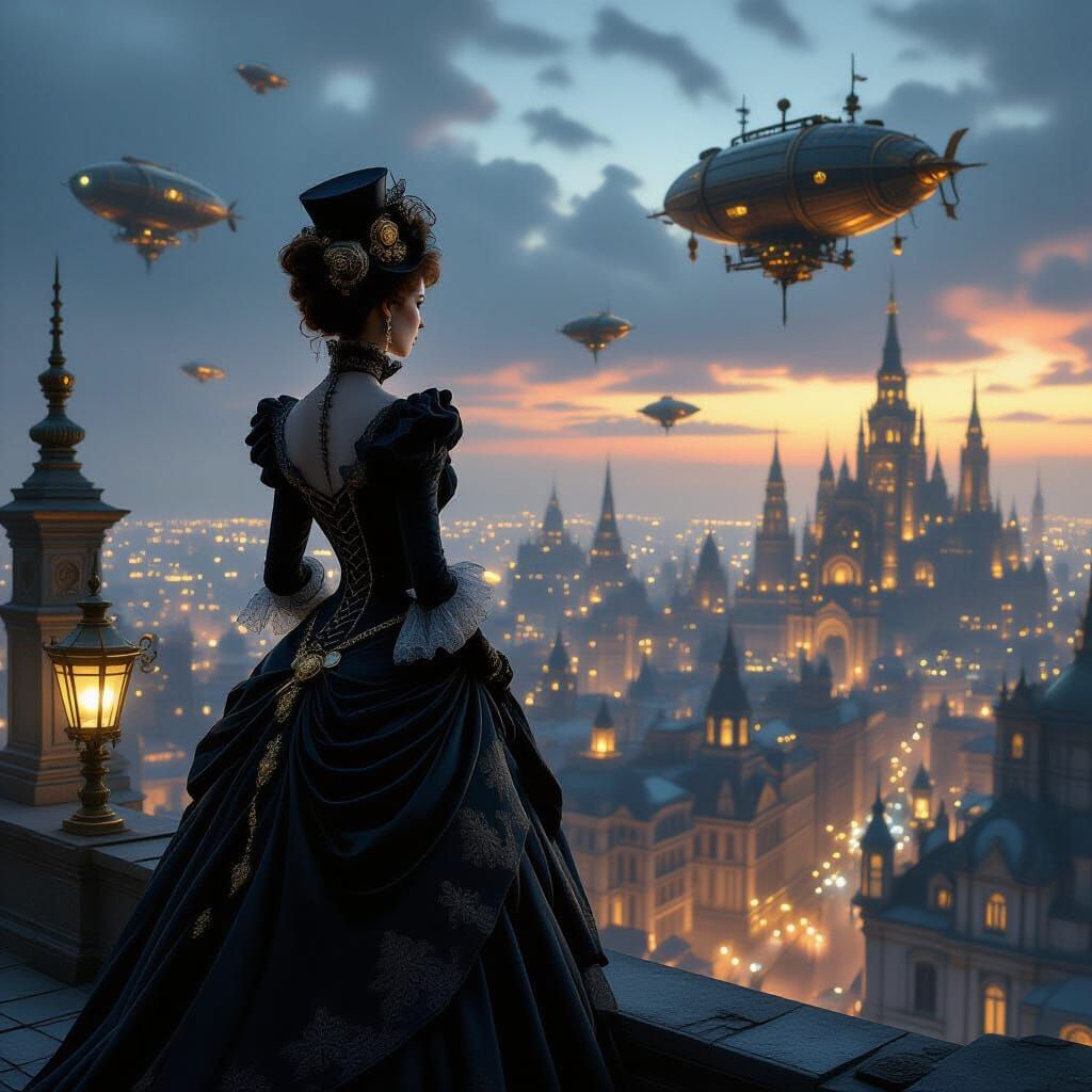 Victorian Steampunk Noblewoman Overlooking Metropolis