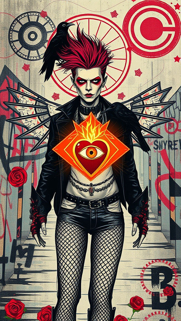 An artist creates  a Street art  graffiti mural Punk Faith, Our Lady Of Social Awareness , wearing goth clothing,  photo...