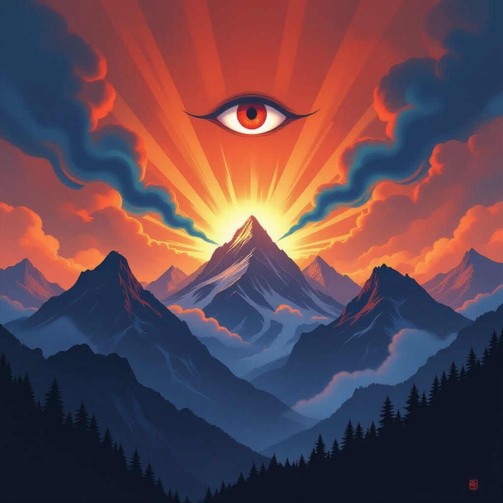 Majestic Mountain Peaks with Gleaming Red Eye
