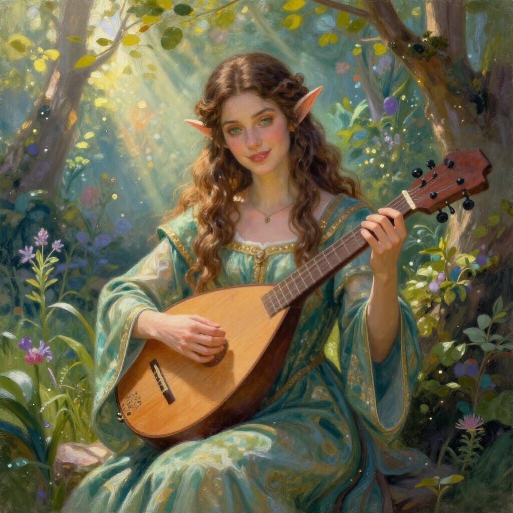 Ethereal Elf Maiden Plays Lute in Sunlit Fantasy Garden