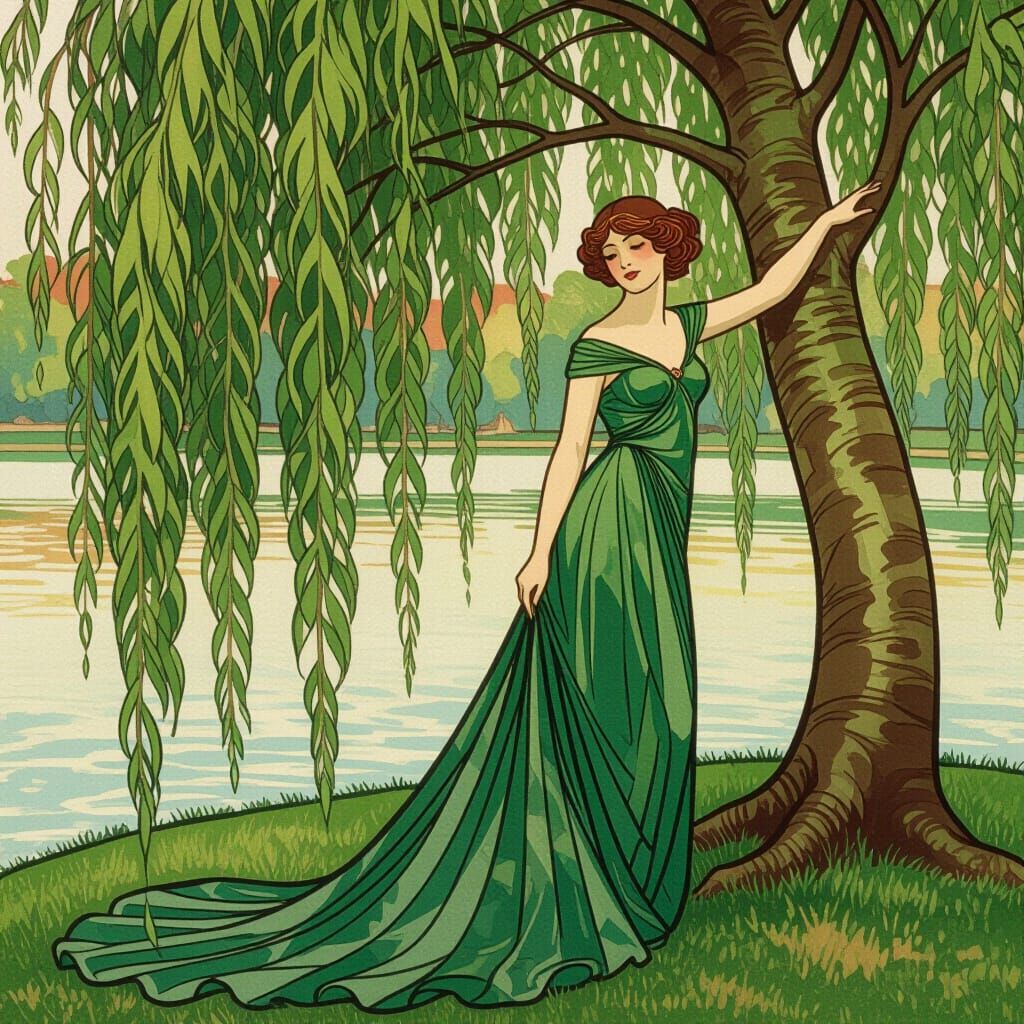 Art Nouveau Willow Maiden in Cascading Green Dress