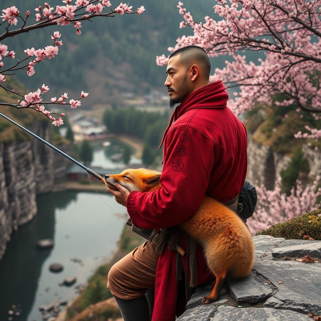 Chinese Hunter and Fox Fishing at Spring Cliffs