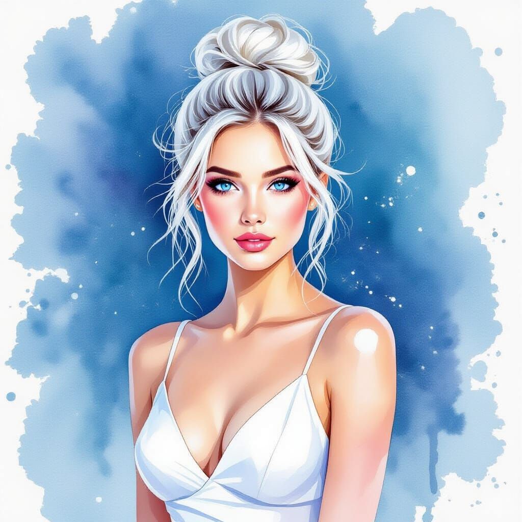 Elegant Woman in White Dress, Watercolor Style