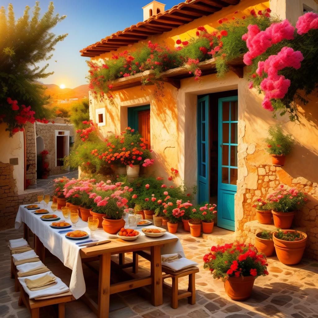 Festive Gathering at Traditional Cretan House Painting