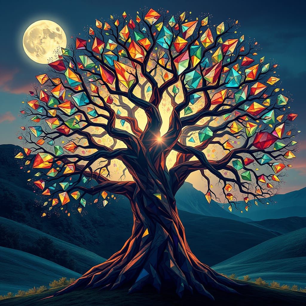 Cubist Tree Glows with Crystal Beauty in Moonlight